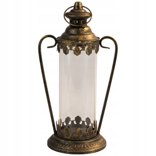 Lampion metalowy postarzane złoto dekoracja ogrodowa latarnia 43x21x16cm