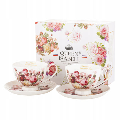 Zestaw 2 Filiżanek z Podstawką Porcelana kubek Kwiaty kawa herbata Prezent