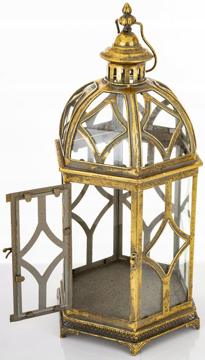 Lampion złoty retro wysoki Latarnia metalowa złota szkło dekoracja