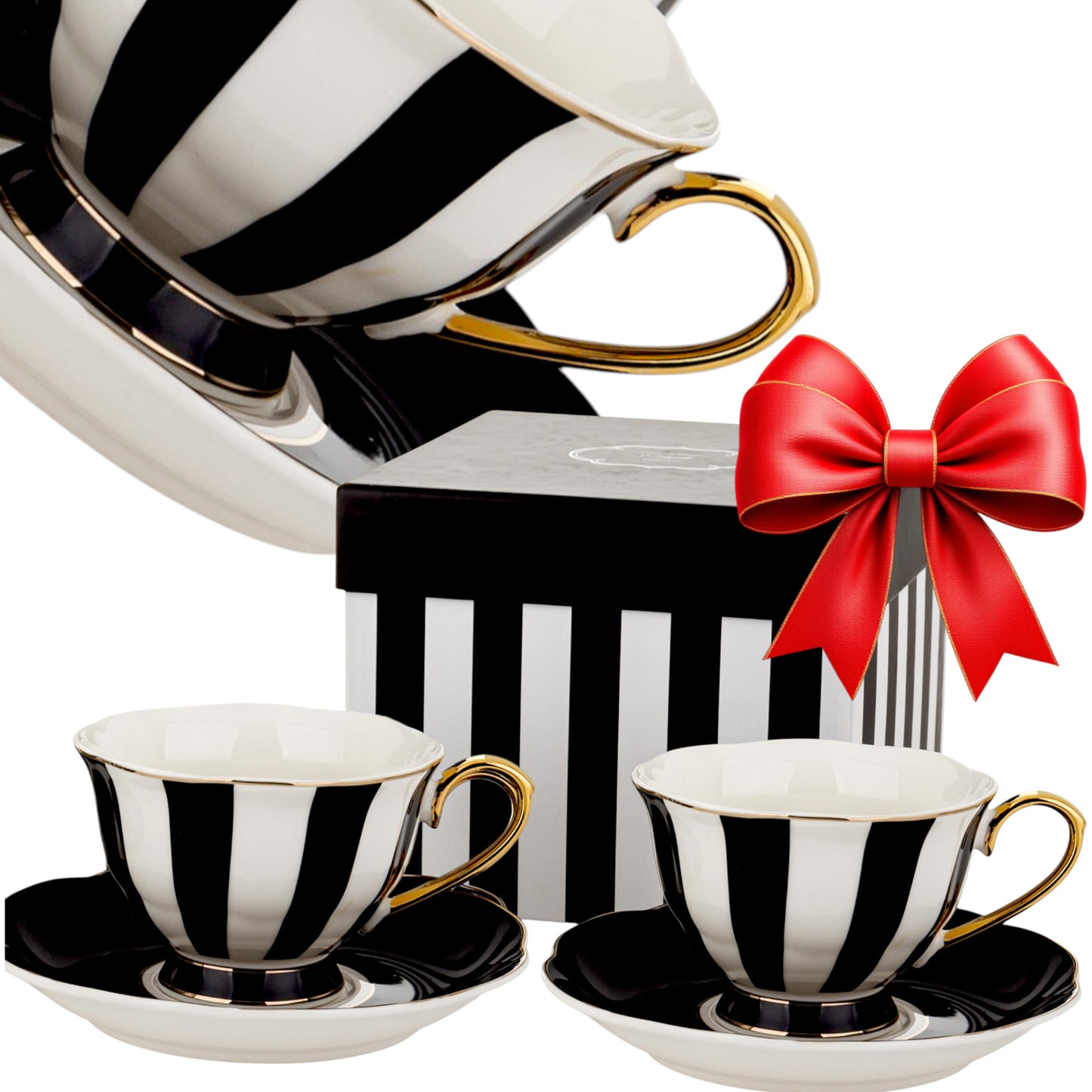 Komplet 2szt filiżanek porcelanowych 220 ml biało-czarne złote zestaw