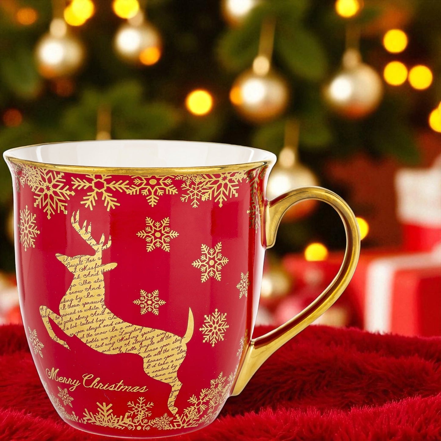 Duży Kubek w pudełku porcelana na prezent świąteczny renifer czerwony złoty