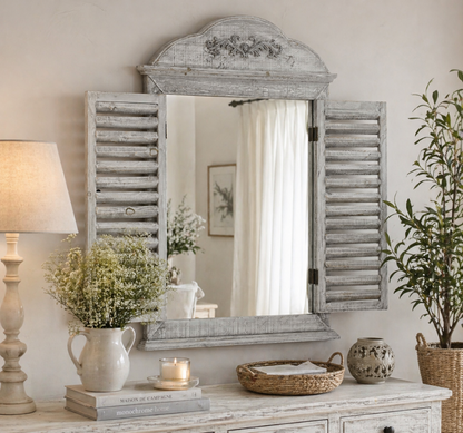 Lustro z okiennicami okno ścienne prostokąt rama drewno 80x55 okiennice