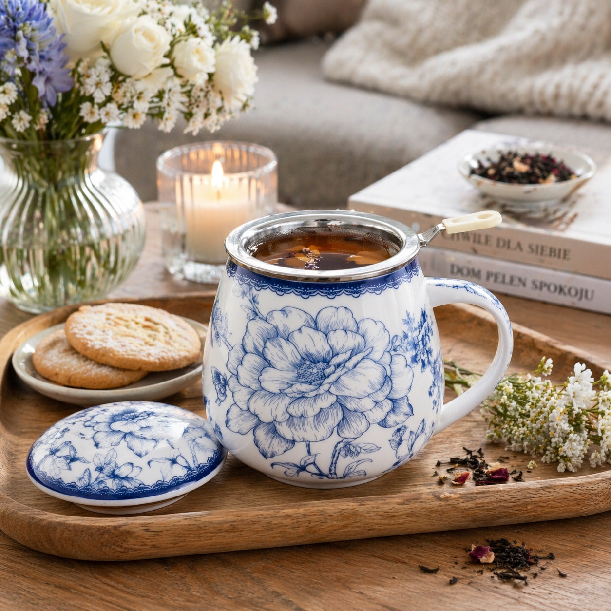 Elegancki kubek ceramiczny z zaparzaczem w pudełku prezentowym