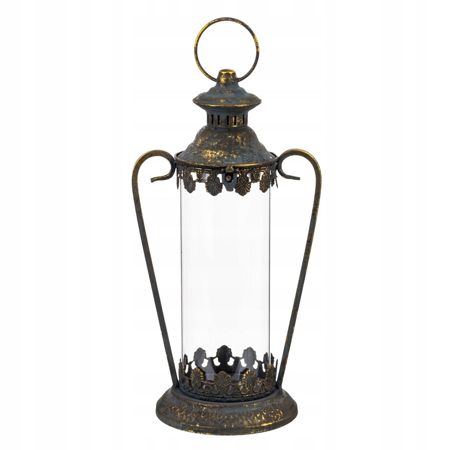 Lampion metalowy postarzane złoto dekoracja ogrodowa latarnia 43x21x16cm