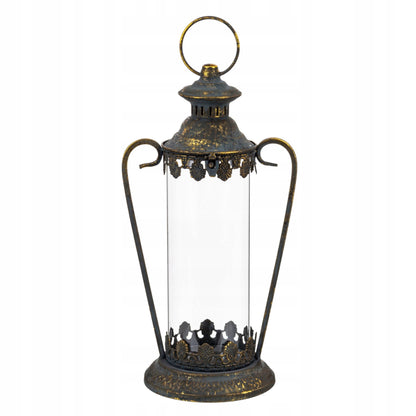 Lampion metalowy postarzane złoto dekoracja ogrodowa latarnia 43x21x16cm