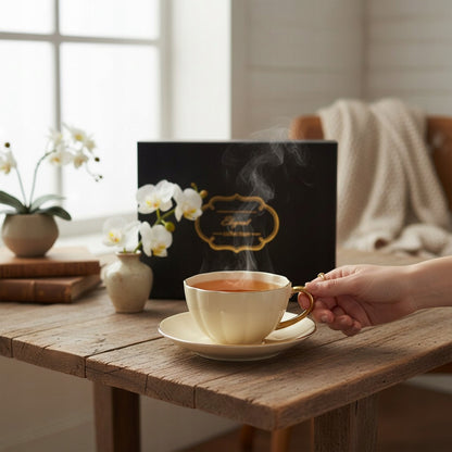 Filiżanka z podstawką do kawy herbaty kremowa porcelana 220 ml prezent