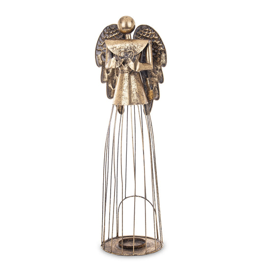 Figurka lampion świecznik anioł metalowa złota 66x20x18 cm