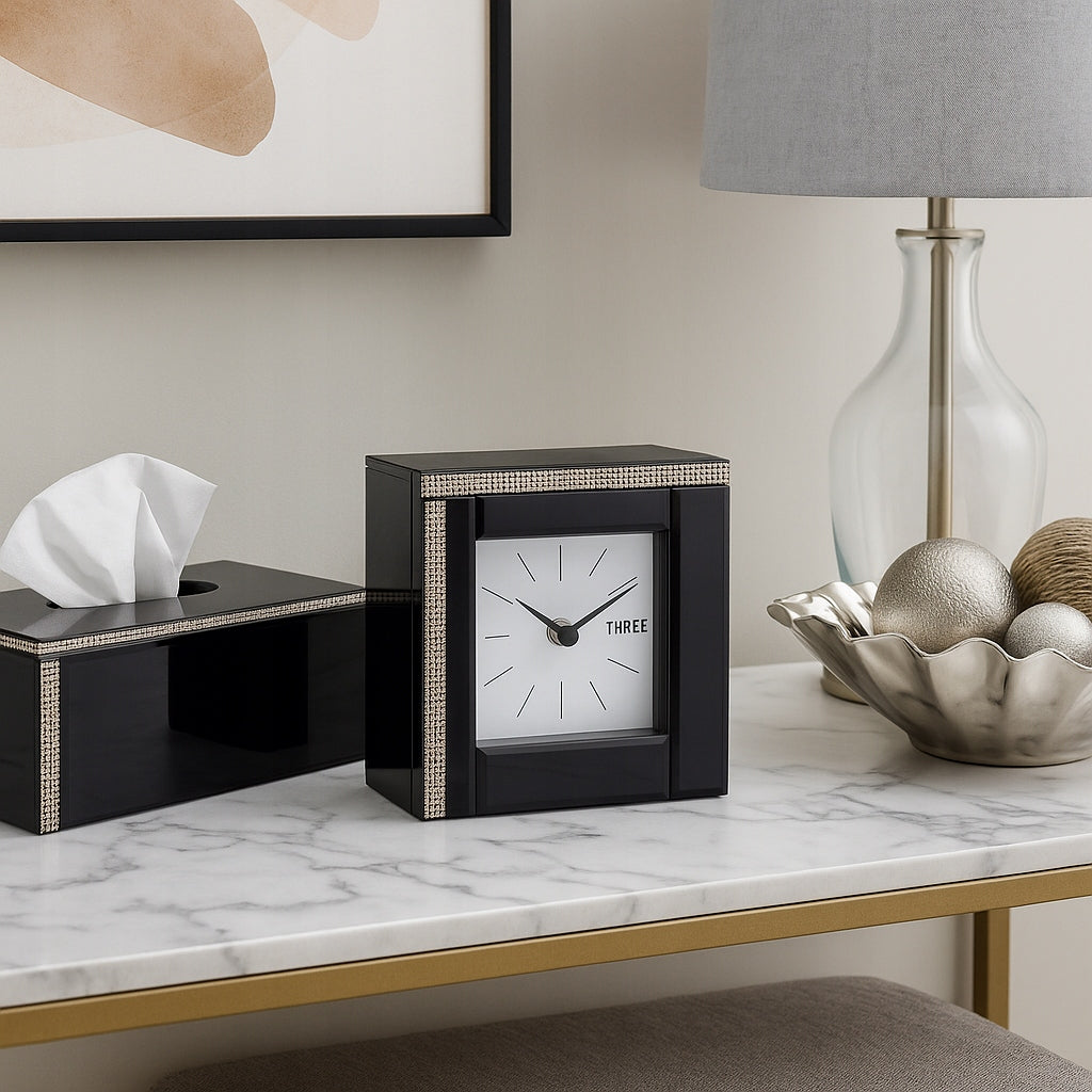 Zegar stołowy glamour czarny 15cm dekoracyjny kryształki