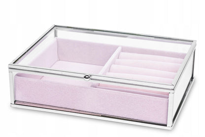 Szkatułka na biżuterię srebrna szklana pudrowy środek 5,5x20x15 różowa