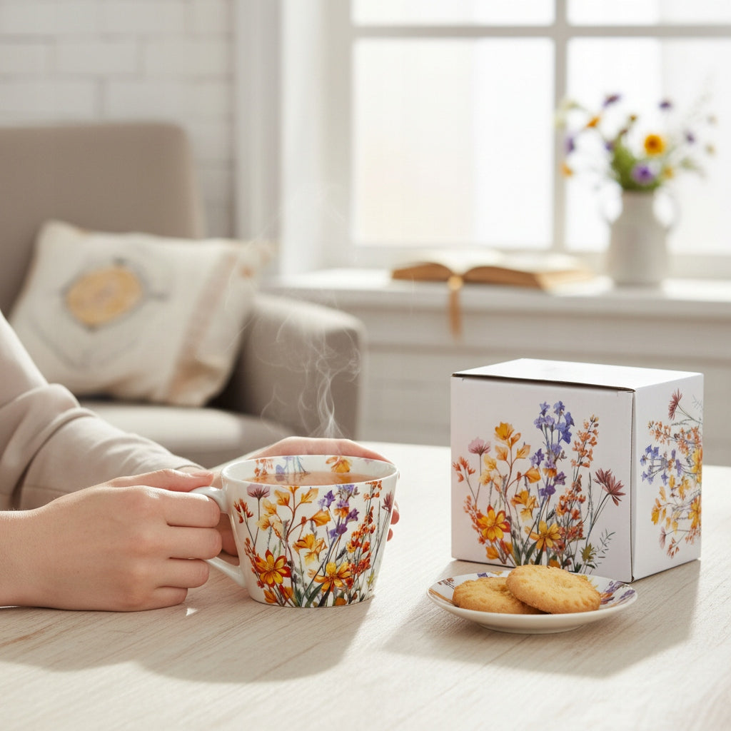 Duży kubek w pudełku porcelanowy 450 ml w kwiaty na prezent zmywarka
