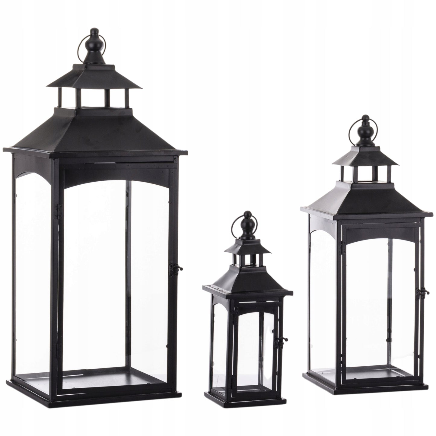 Latarnia komplet 3 lampionów szkło metal czarny wysoki 86, 67, 45 cm