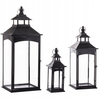 Latarnia komplet 3 lampionów szkło metal czarny wysoki 86, 67, 45 cm