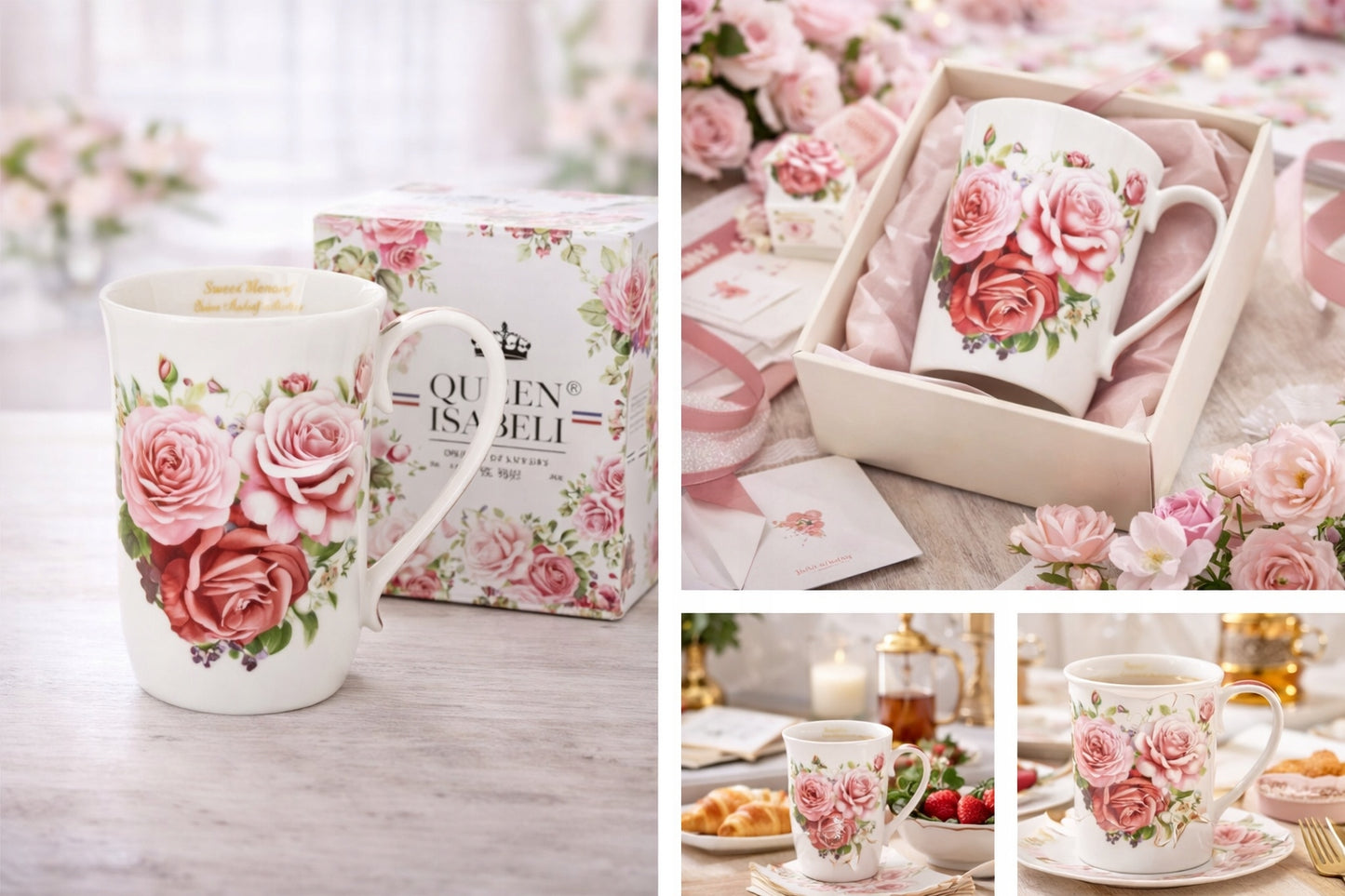 Kubek porcelanowy 400 ml w róże elegancki kubek kwiatowy prezent w pudełku