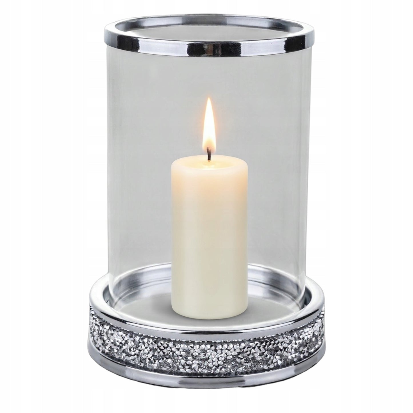 Świecznik szklany srebrny glamour cylinder dekoracja stołu lampion