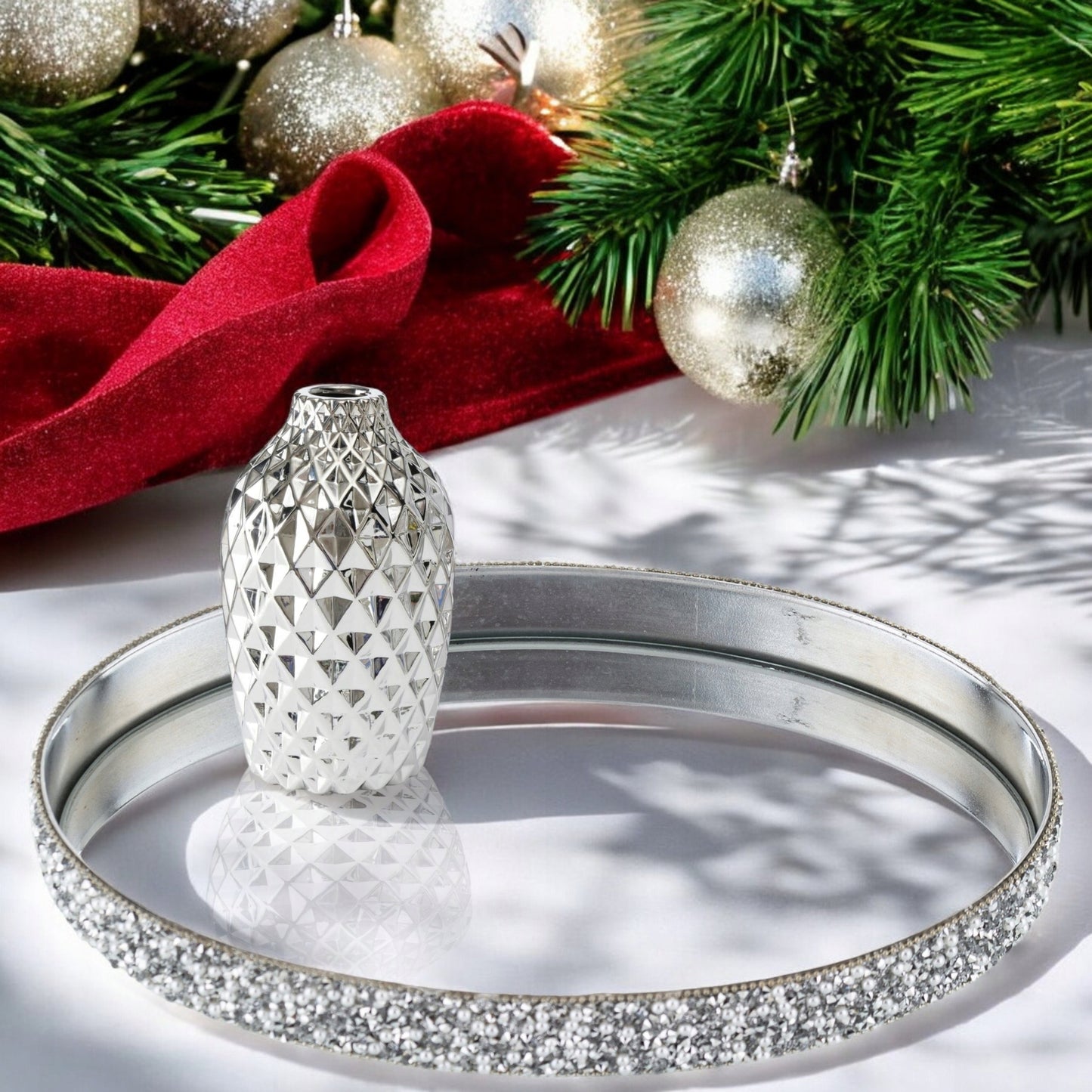 TACA DEKORACYJNA LUSTRZANA SREBRNA GLAMOUR 18,5x11,5cm podstawka lustro