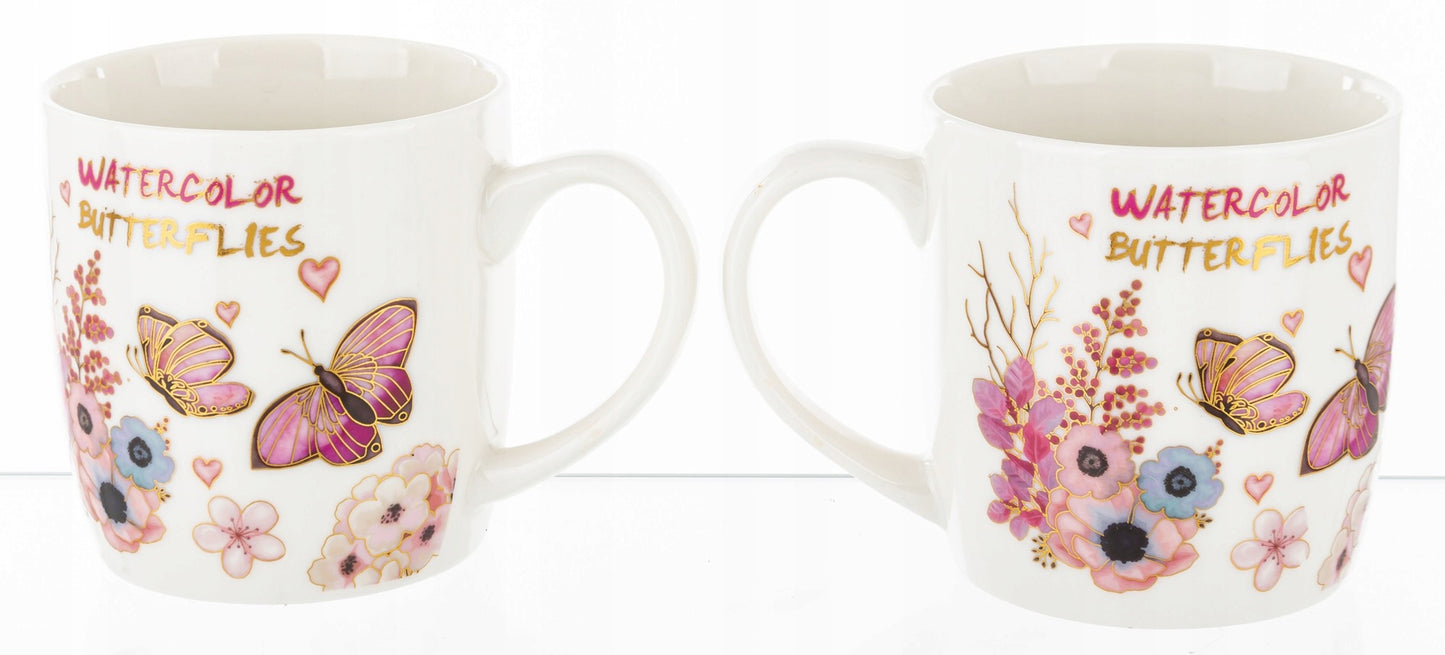 Kpl. kubków motyl łyżeczka podstawka 2+2+2 kubek ceramiczny 330ml prezent