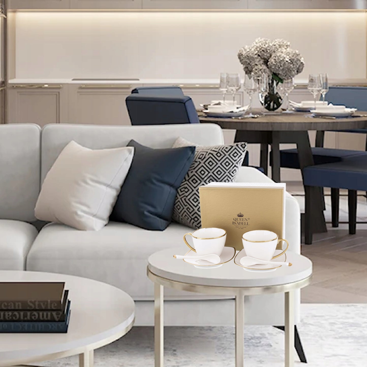 zestaw 2 filiżanek talerzyków łyżeczek komplet porcelanowy do kawy herbaty