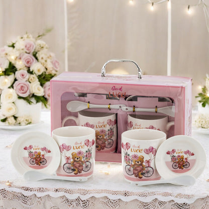 Kpl. 2 kubków z łyżeczkami i podstawkami 2+2+2 kubek zestaw na prezent MIŚ