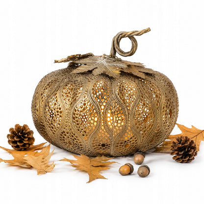 Lampion metalowy Dynia złoty 29x 26 cm dekoracja jesienna ażurowa figurka