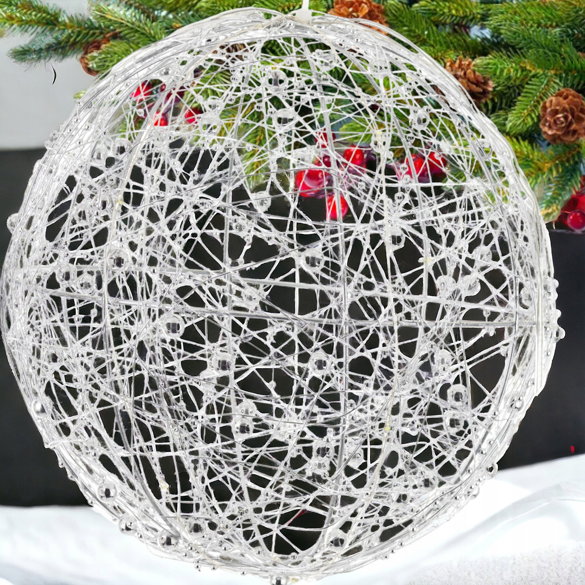 Ozdobna kula led figura świąteczna ozdoba srebrna 15 cm stroik latarenka