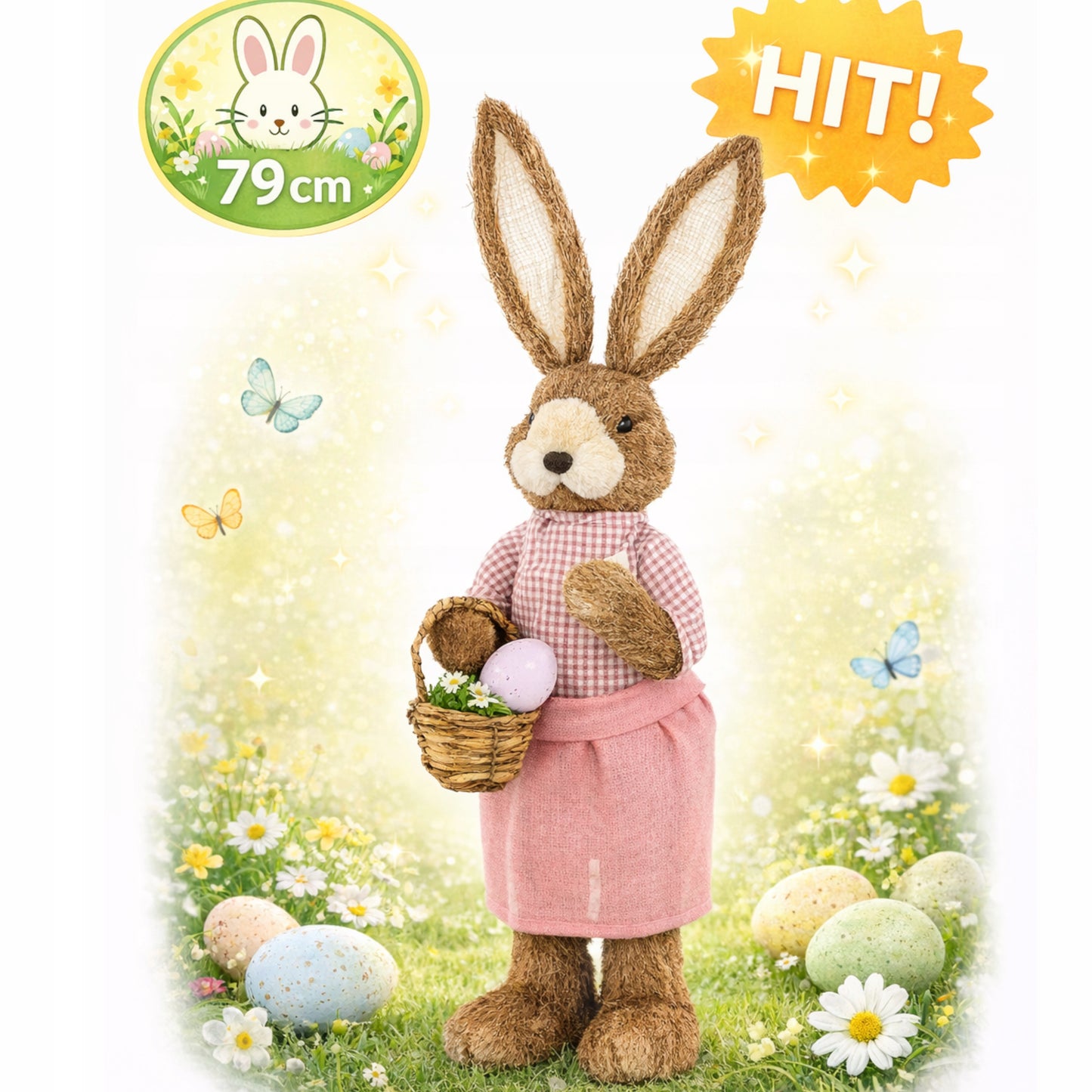 Duża Figurka Królik Wielkanocny 79 cm Dekoracja XXL Z Koszykiem zając