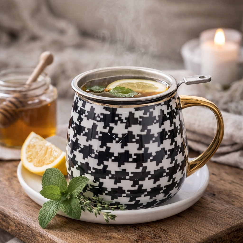 Kubek porcelanowy z zaparzaczem w pudełku w kratkę na prezent