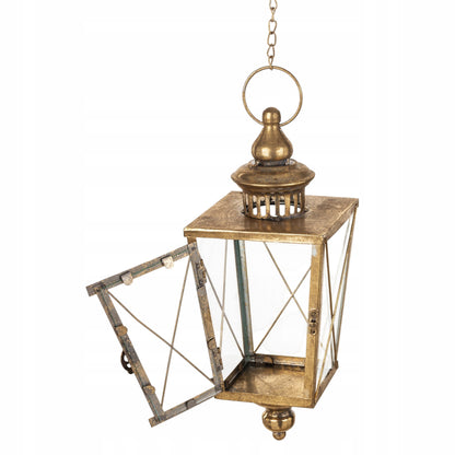 Metalowy lampion złoty wiszący szklany latarnia złota retro dekoracja hak