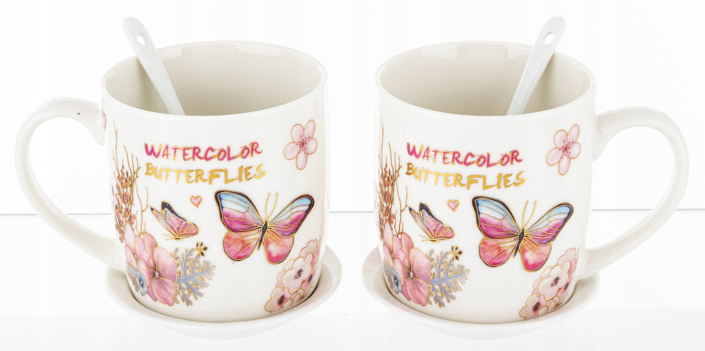 Kpl. kubków motyl łyżeczka podstawka 2+2+2 kubek ceramiczny 330ml prezent