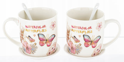 Kpl. kubków motyl łyżeczka podstawka 2+2+2 kubek ceramiczny 330ml prezent