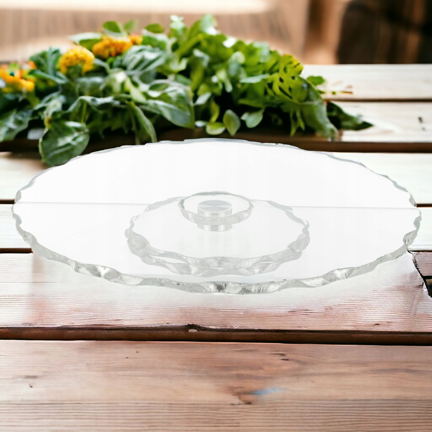 Patera obrotowa szklana na tort glamour taca 33 cm srebrne zdobienia
