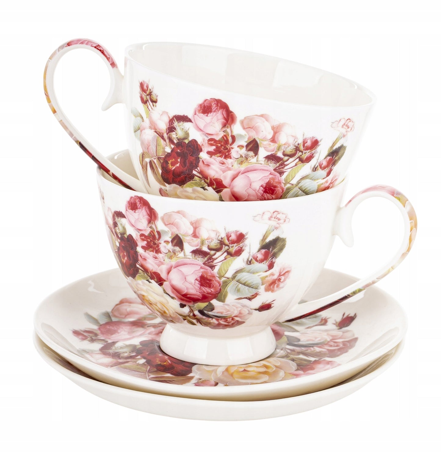 Zestaw 2 Filiżanek z Podstawką Porcelana kubek Kwiaty kawa herbata Prezent