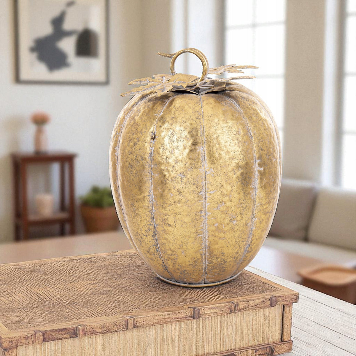 Duża Dekoracja złota dynia metalowa ozdobna figurka jesień Halloween 38cm
