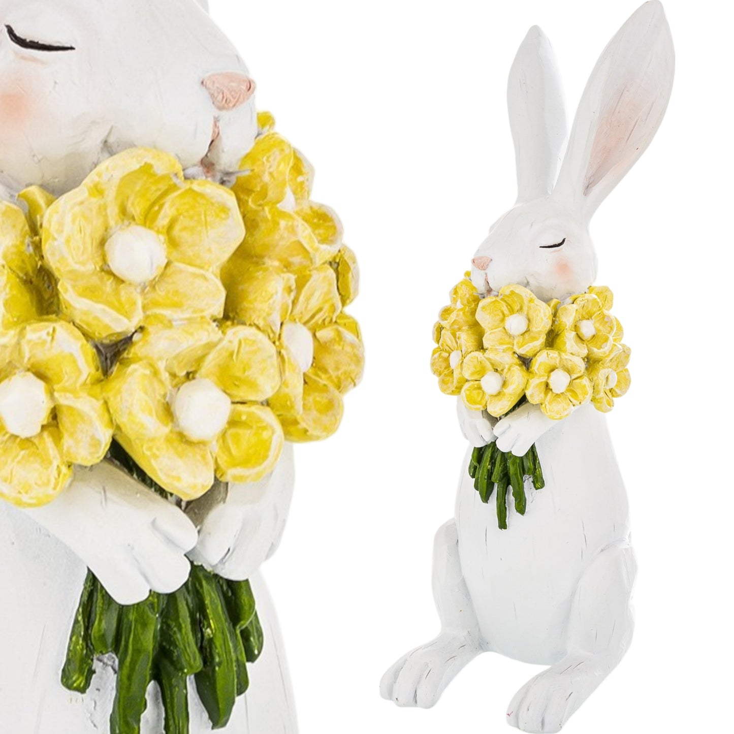 Figurka królik biały zajączek wielkanocny z kwiatami wiosenny 21cm