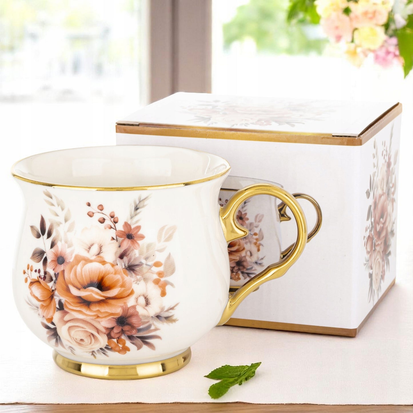 Kubek w pudełku porcelana 450 ml filiżanka wzór w kwiaty prezentowy