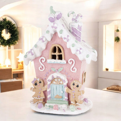 Figurka świąteczna Pastelowy domek LED różowy latarenka 19 cm