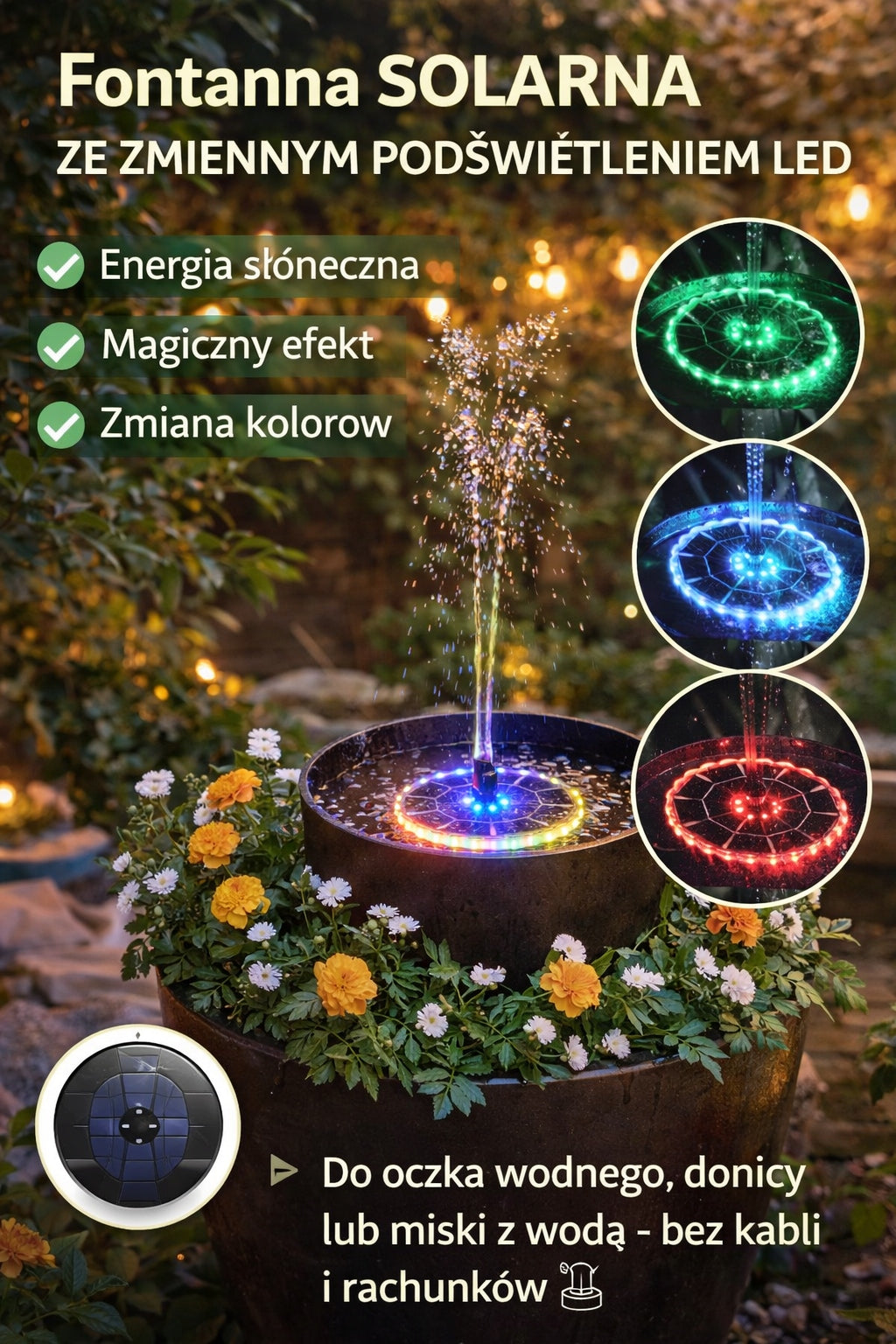 Fontanna solarna z oświetleniem LED