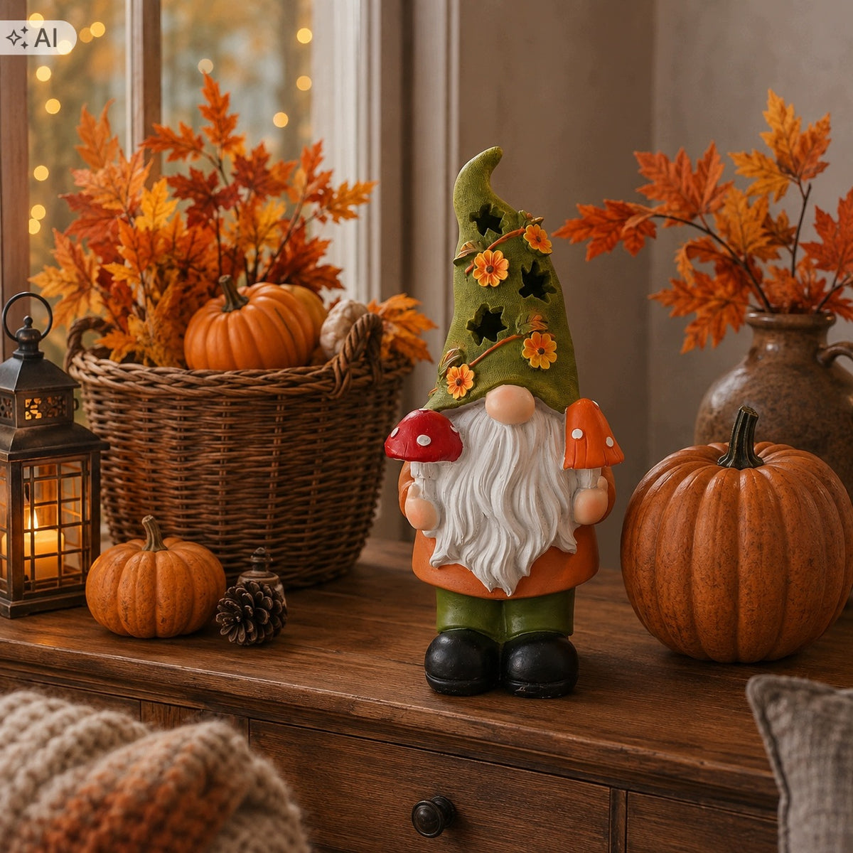 dekoracja figurka jesienna skrzat lampion LED grzyb muchomor 38 cm duża