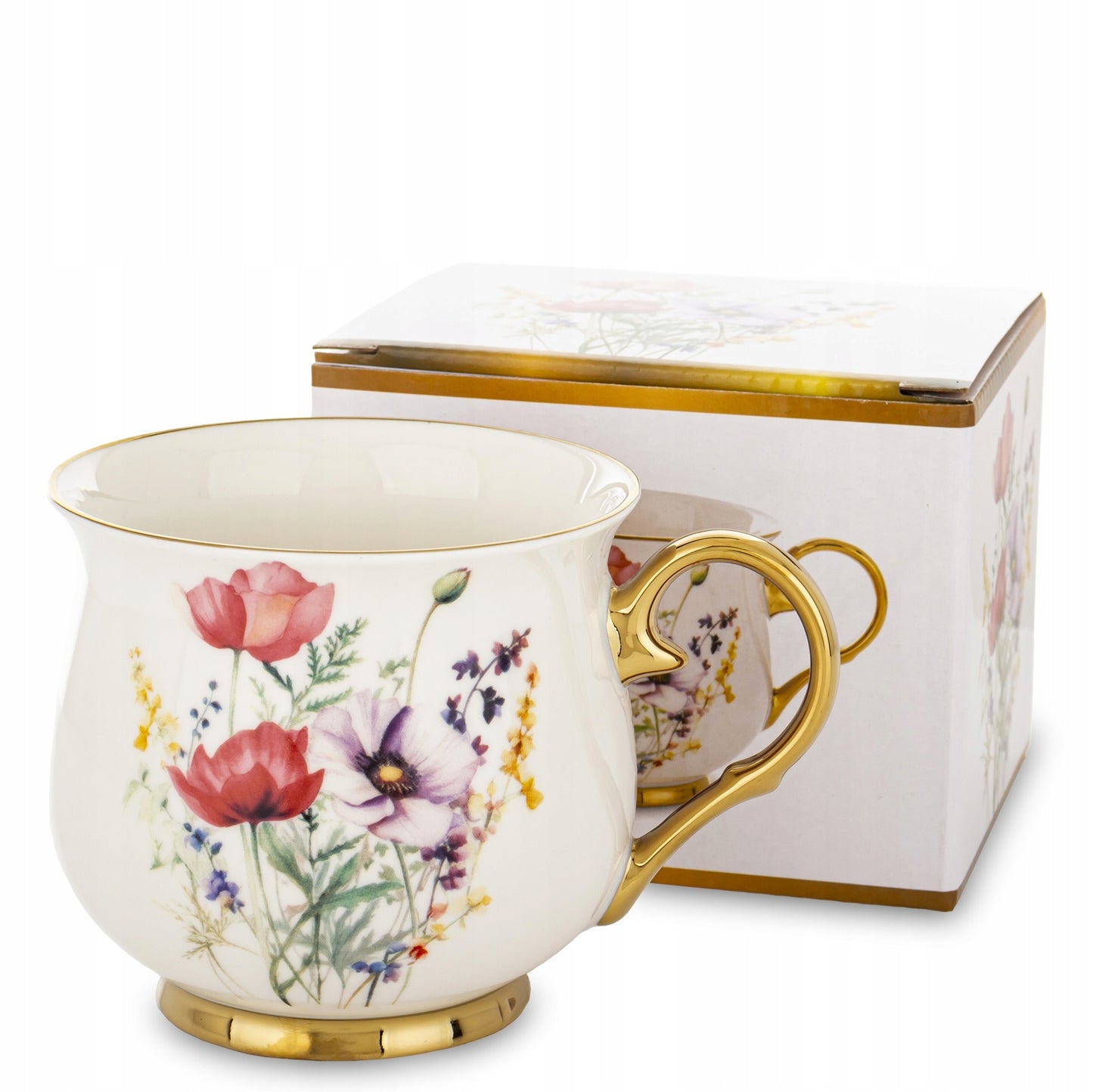 Porcelanowy duży kubek w kwiaty filiżanka do kawy herbaty 450 ml w pudełku