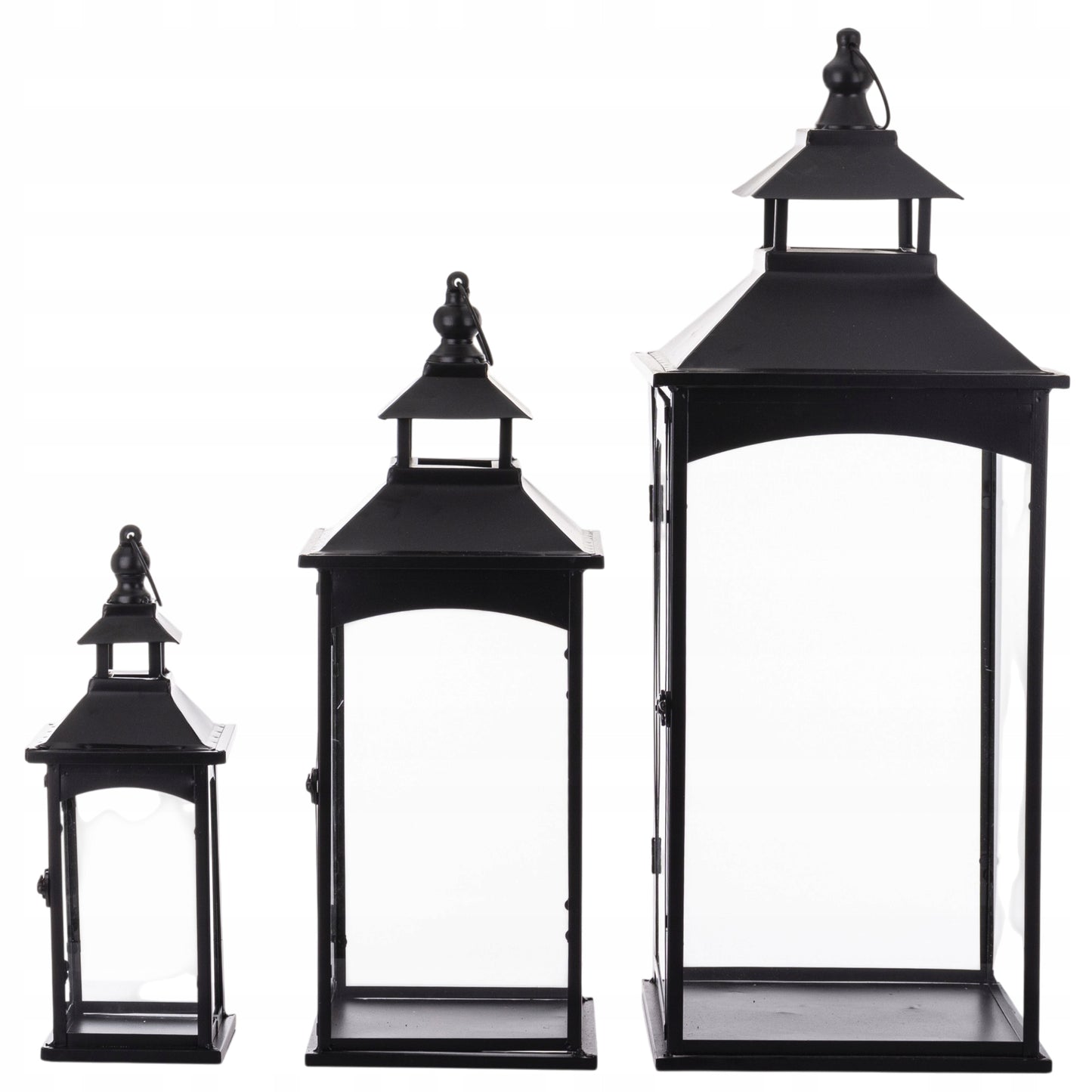 Latarnia komplet 3 lampionów szkło metal czarny wysoki 86, 67, 45 cm