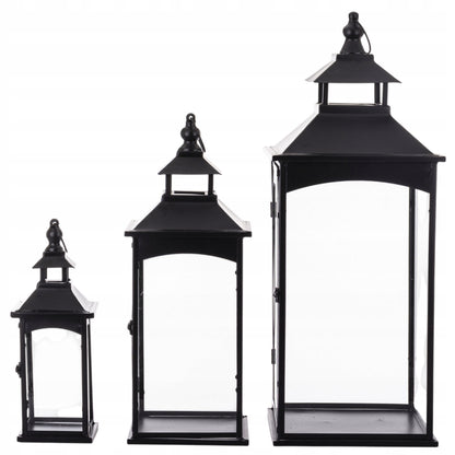 Latarnia komplet 3 lampionów szkło metal czarny wysoki 86, 67, 45 cm